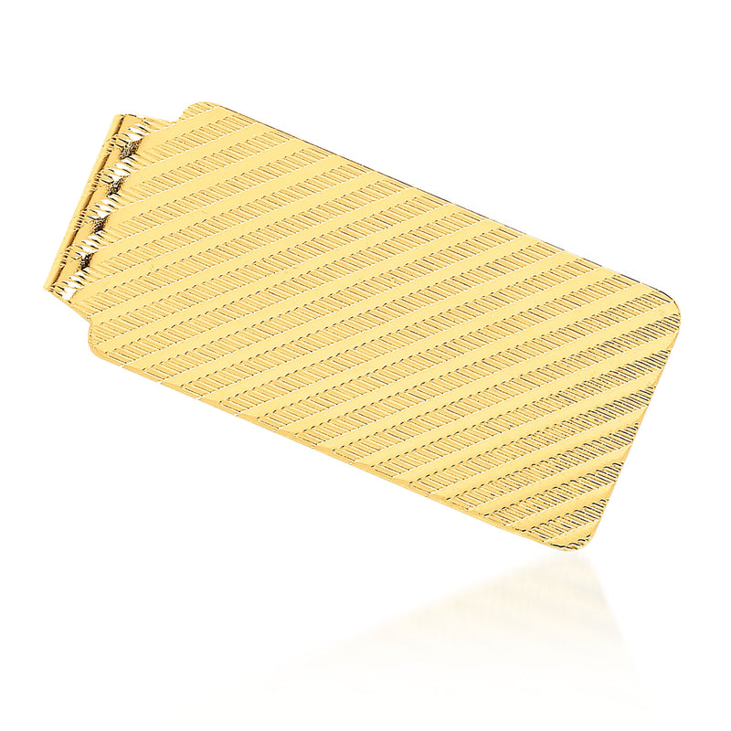 14kt yellow gold money clip, polished textured metal with angled edges