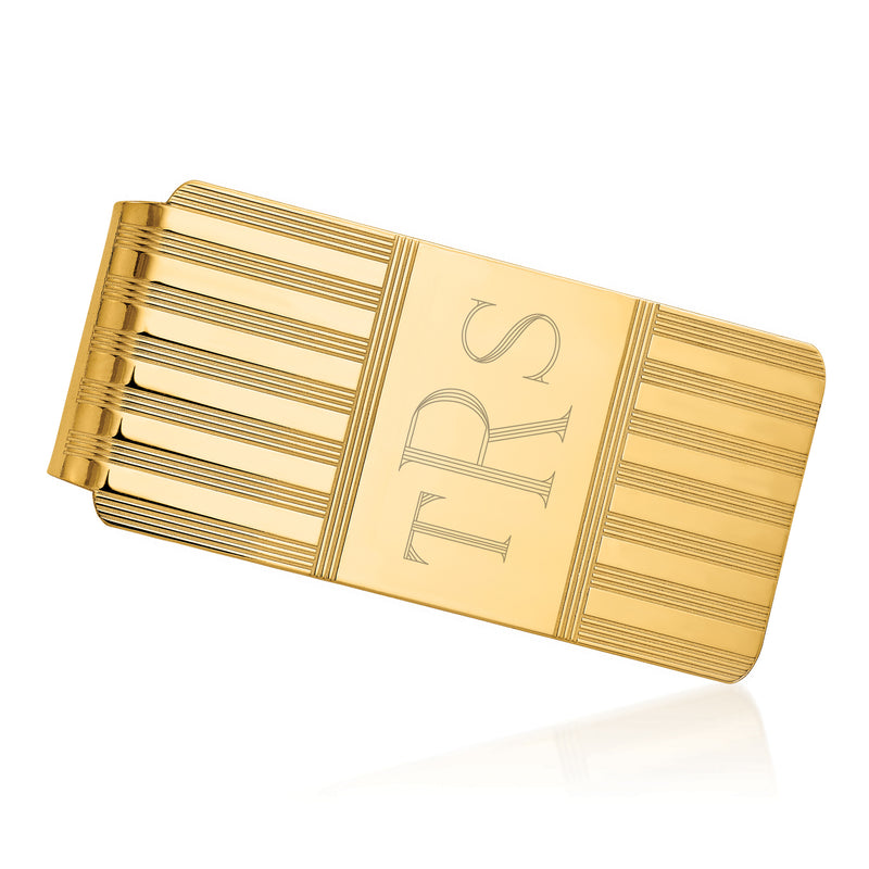 14kt yellow gold money clip with three-initial engraving and striped edge design