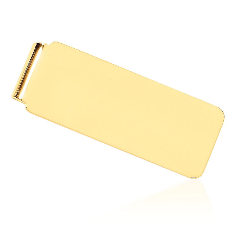 Engravable yellow gold money clip with rectangular bar and rounded corners