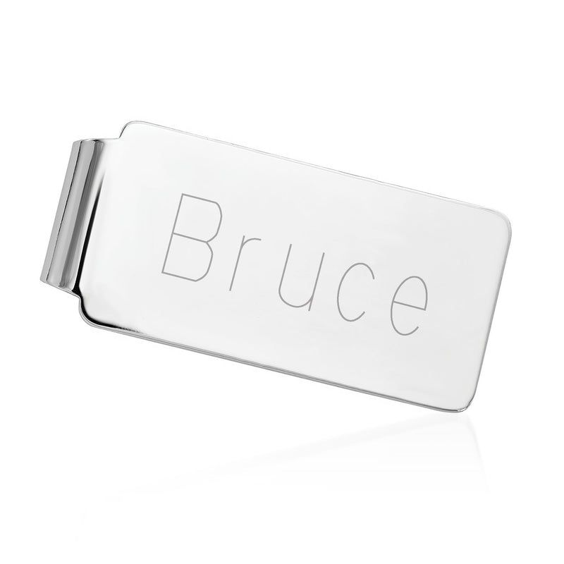 Polished 14kt white gold money clip with engraved nameplate