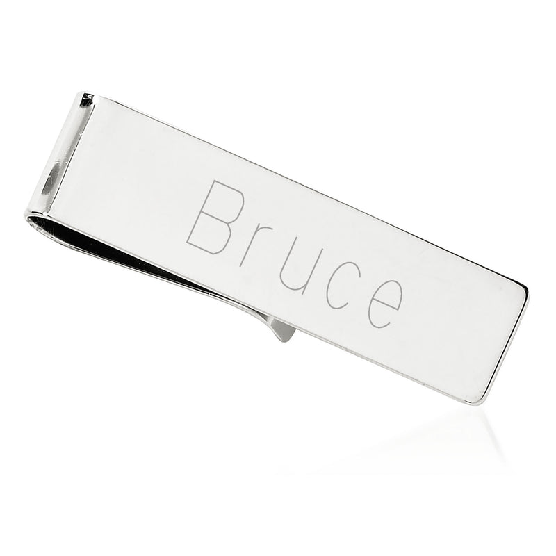 Polished white gold money clip with engraved name panel