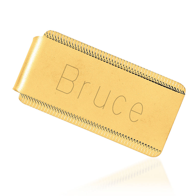 Yellow gold money clip with engravable sandblast panel and ridged edge design