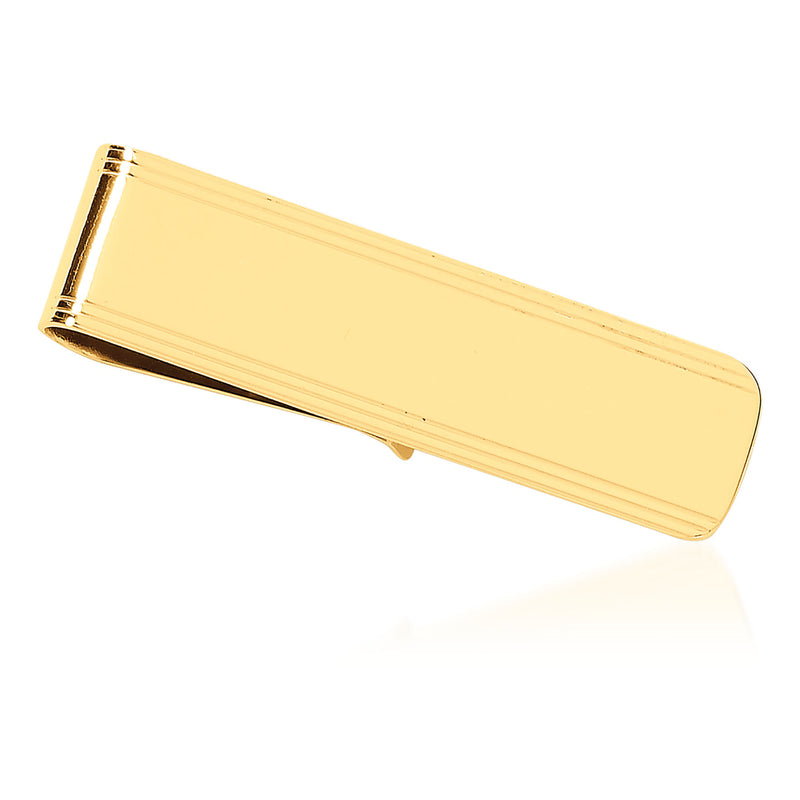 Polished 14kt yellow gold grooved money clip with rounded ends and smooth top
