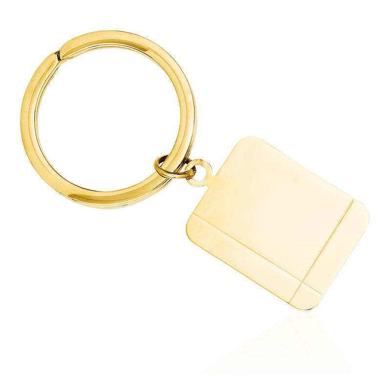 14kt yellow gold rectangle monogram key ring with round ring and engraved disc