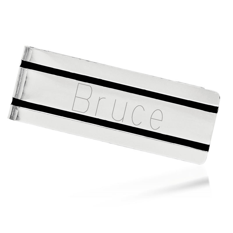 Sterling silver money clip with black enamel stripe and engraved name 'Bruce'.