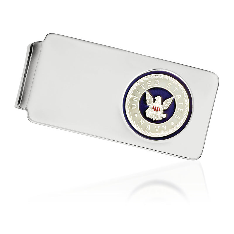 Sterling silver money clip with navy enamel seal medallion, engraved center