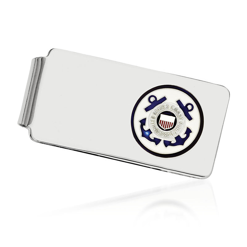Sterling silver money clip with Coast Guard enamel emblem