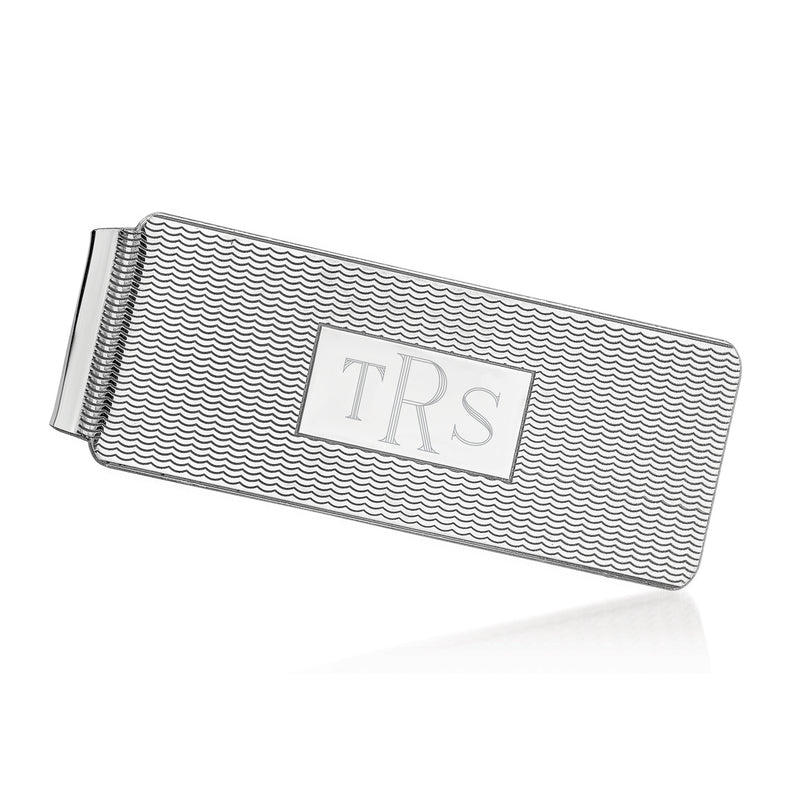 Sterling silver personalized money clip with textured waves and engraved 'TRS'