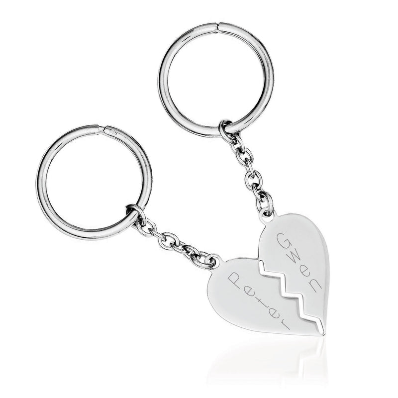 Sterling silver heart key chain set with two key rings and engraved names