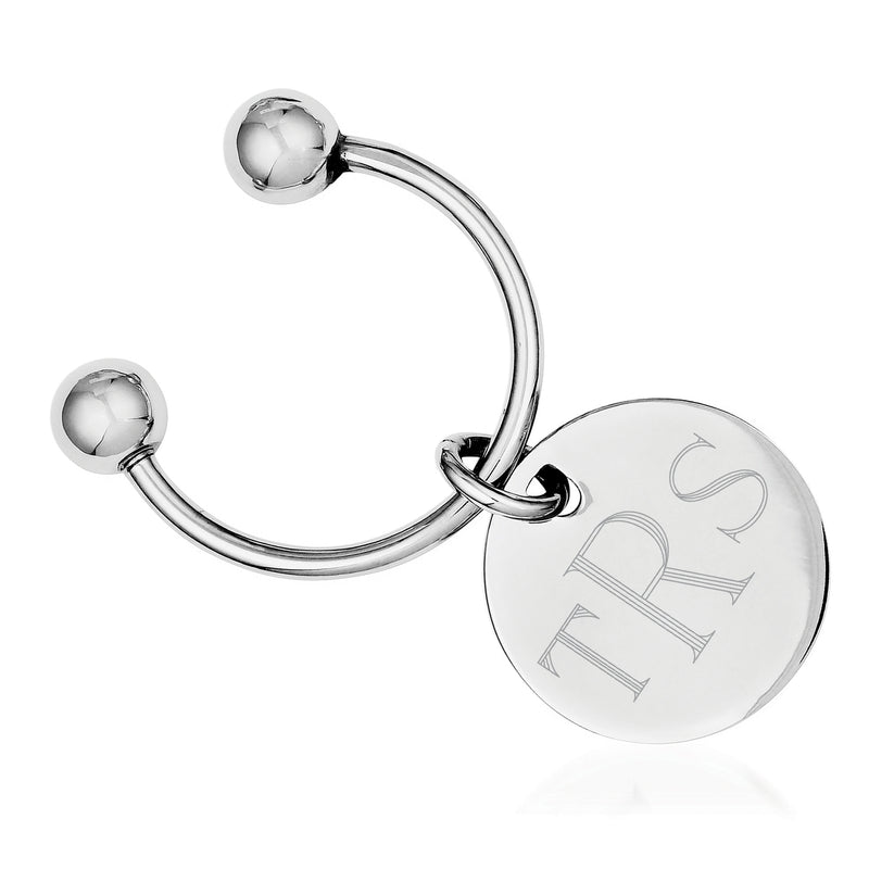 Sterling silver horseshoe-style key chain with engraved circular charm and ring loop
