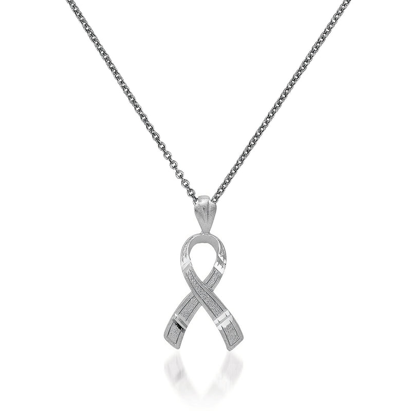 White gold awareness ribbon pendant necklace with open heart design