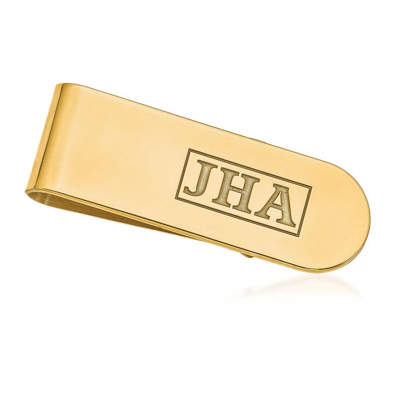 14kt yellow gold rounded rectangle money clip with recessed monogram letters JHA