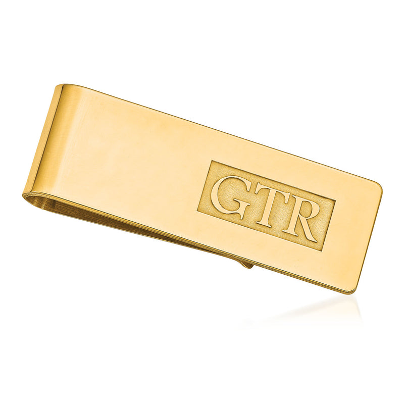 14kt yellow gold money clip with raised monogram letters GTR