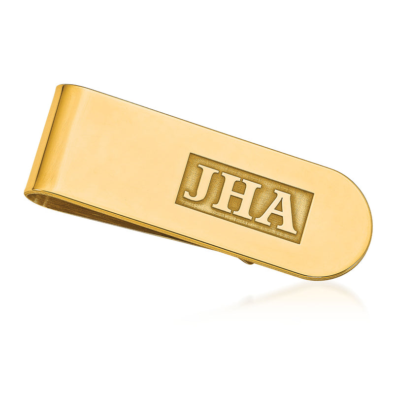 14kt yellow gold money clip with raised letters JHA on rounded rectangle bar