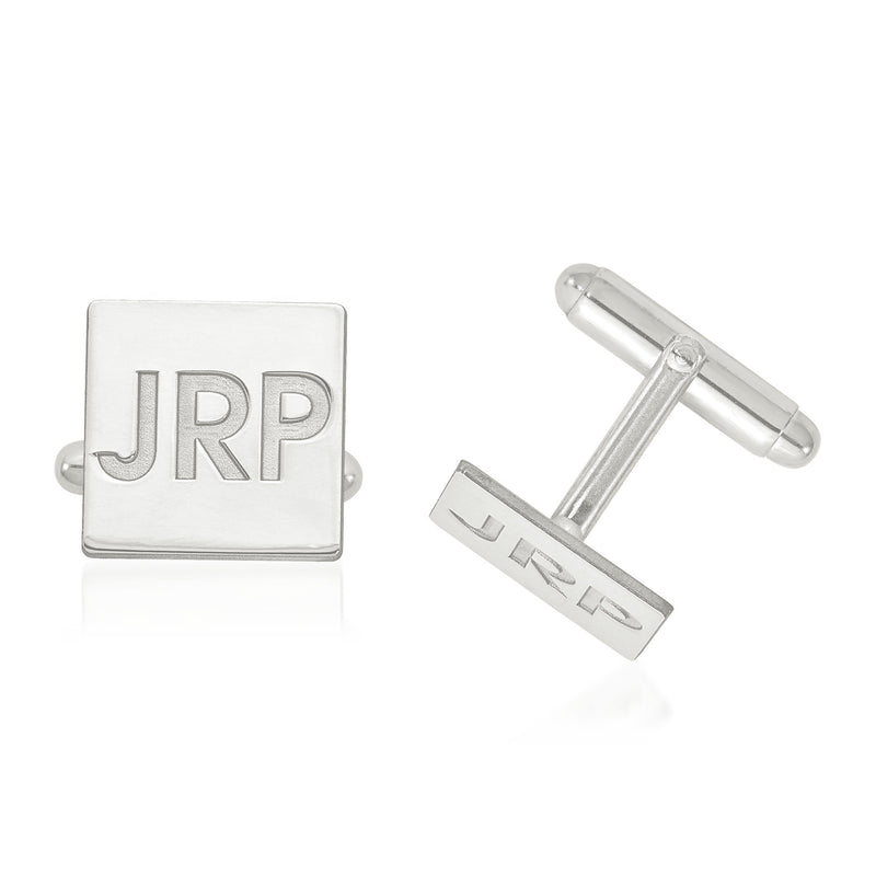 Square cuff links with recessed JRP letters, 14kt white gold