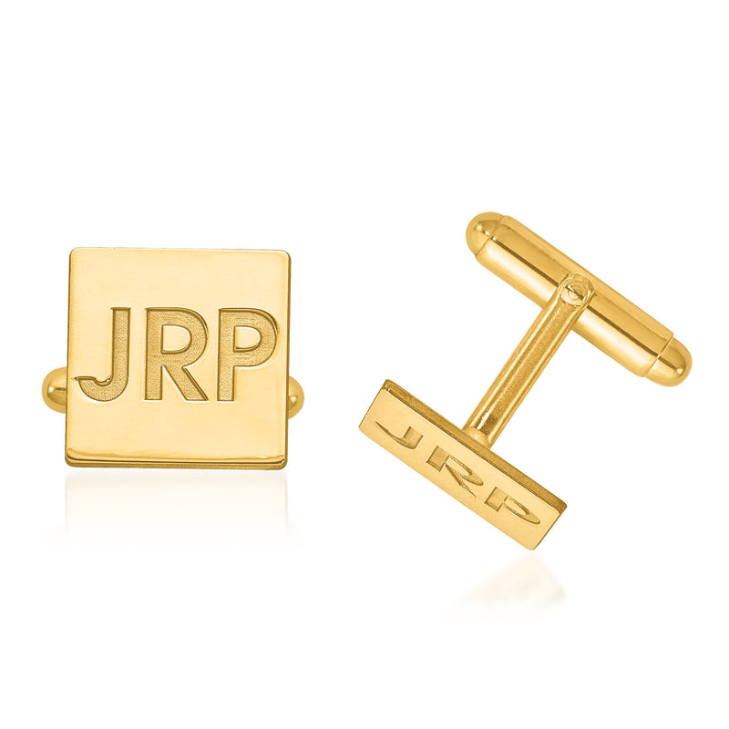 Square yellow gold cuff links with recessed JRP letters, polished finish