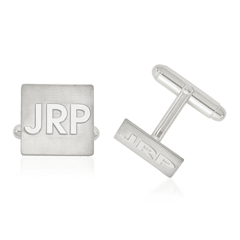 Sterling silver square monogram cuff links with raised letters on front