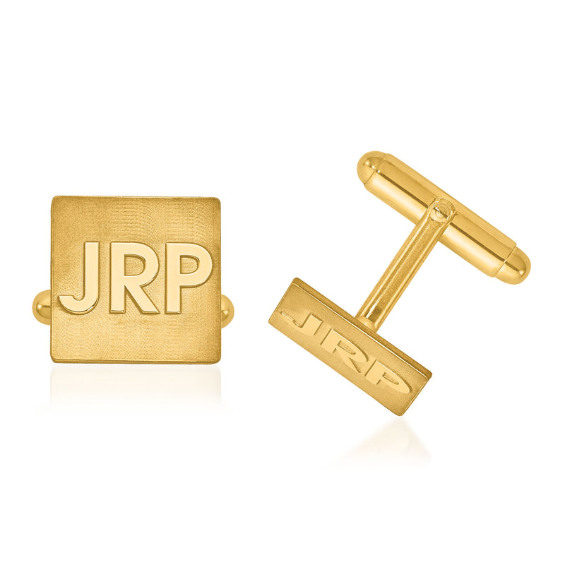 14kt yellow gold square monogram cuff links with raised JRP letters