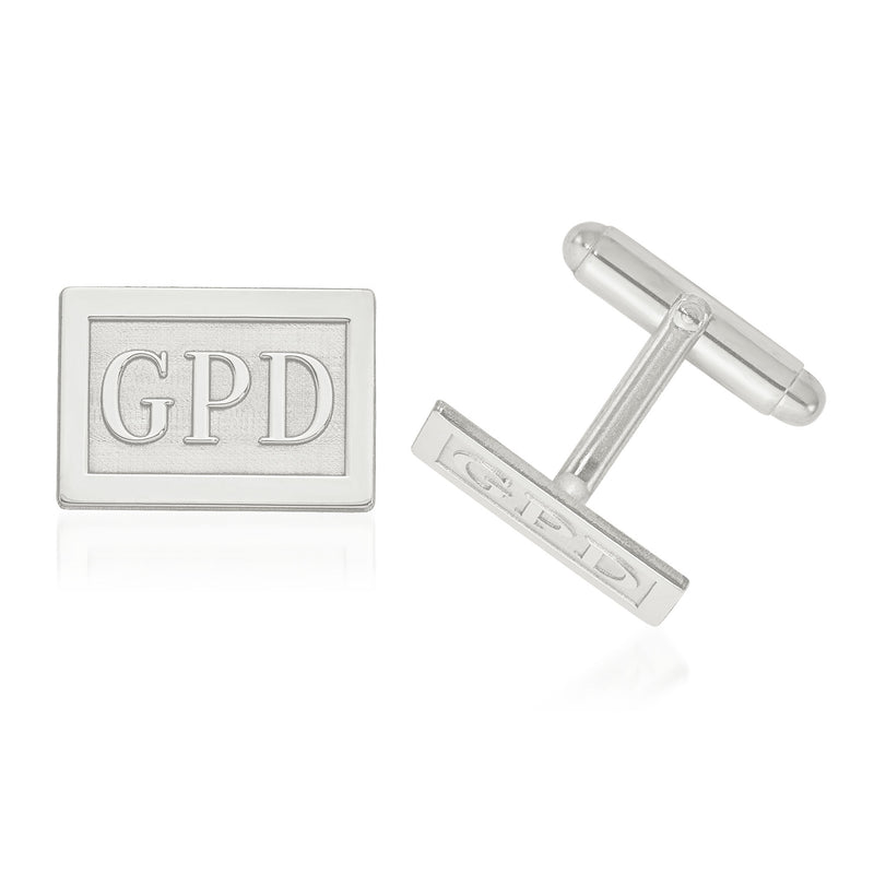 Sterling silver rectangle monogram cuff links with raised GPD letters