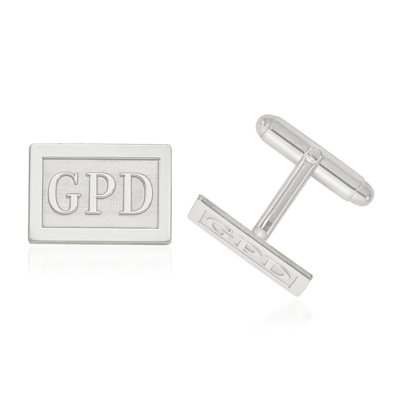 White gold rectangle monogram cuff links with raised letters GPD, laser design