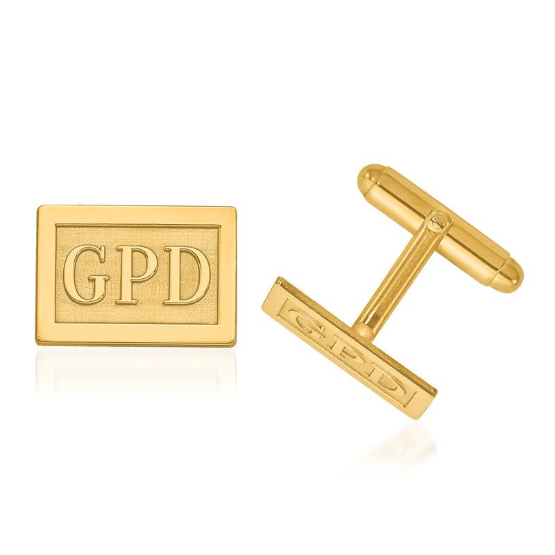Yellow gold rectangle monogram cuff links with raised GPD letters, 14kt.