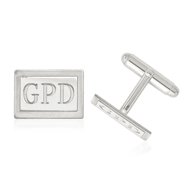14kt white gold rectangular monogram cuff links with recessed GPD letters