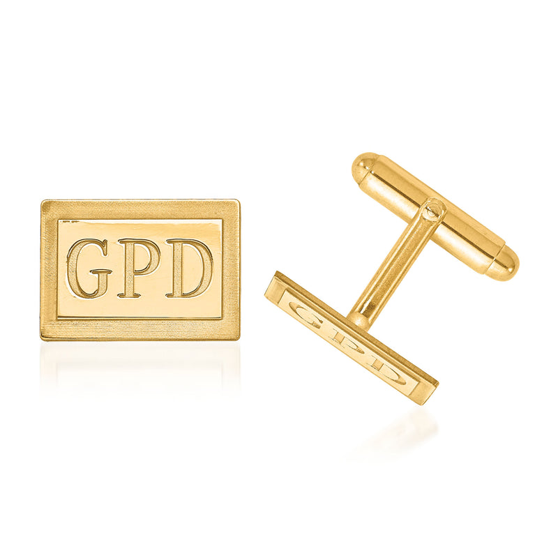14kt yellow gold rectangle cuff links with recessed monogram letters and hinged post