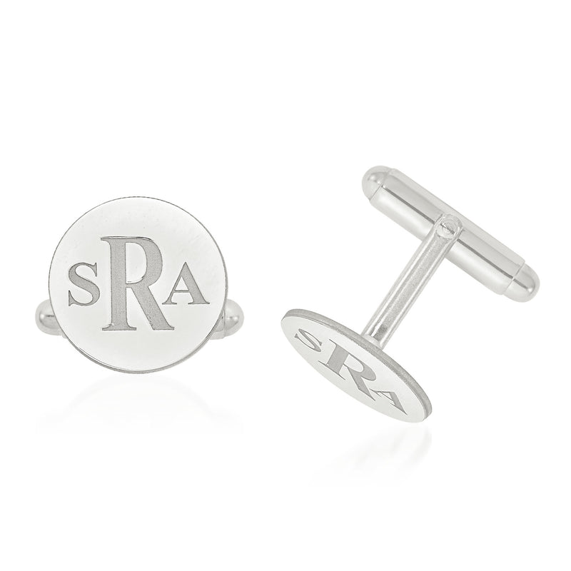 Round sterling silver cuff links with recessed circular monogram letters SRA