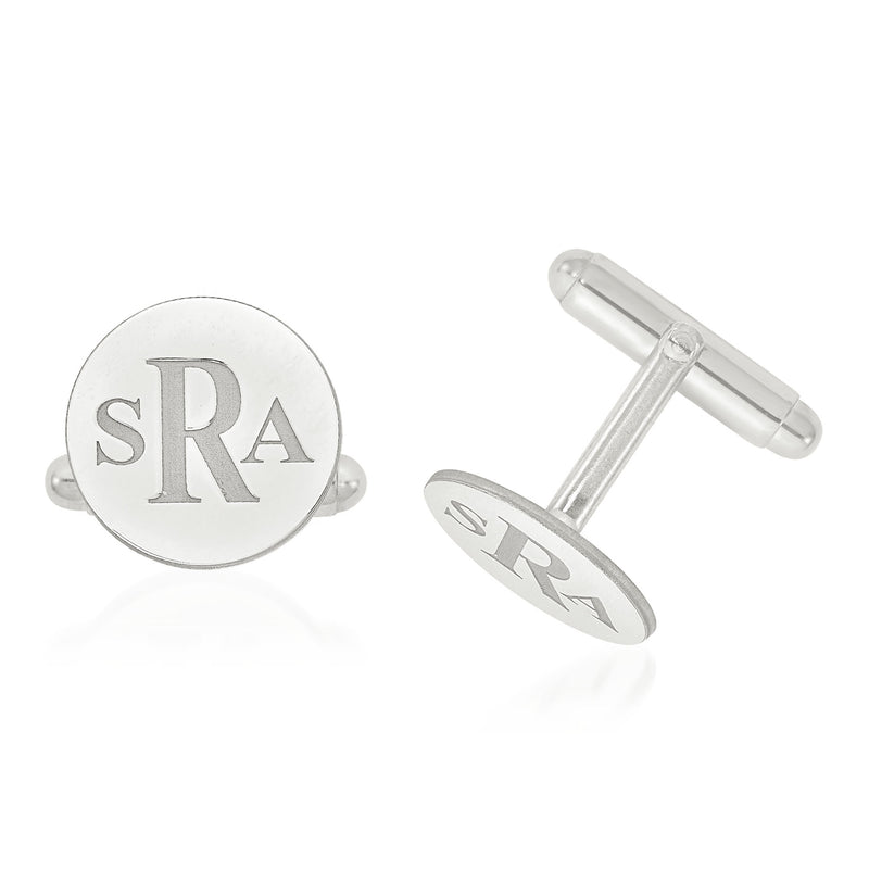 14kt white gold circular monogram cuff links with recessed letter design