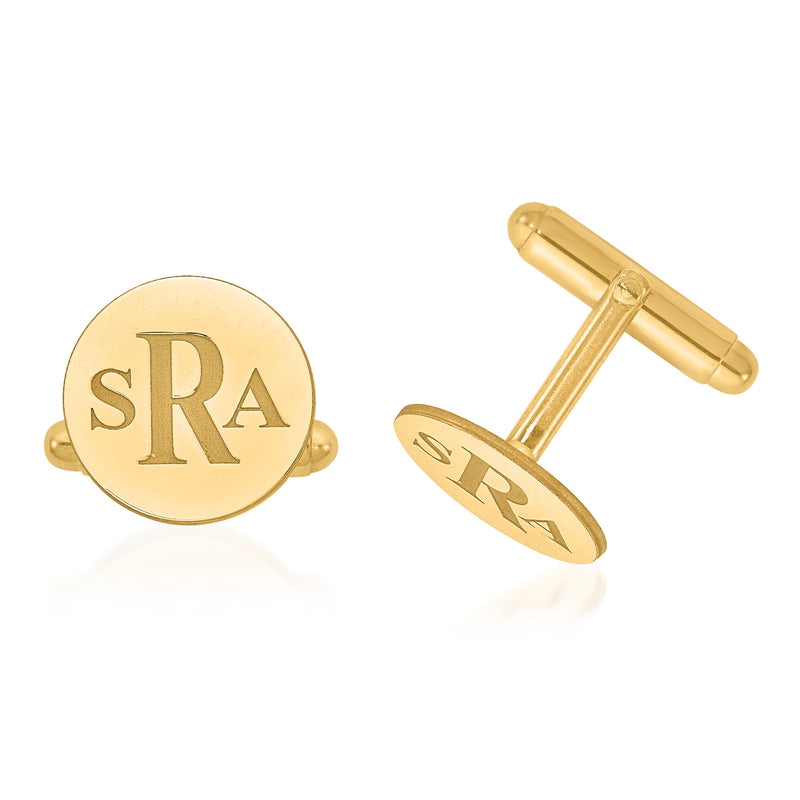 14kt yellow gold circle monogram cuff links with recessed SRA letters