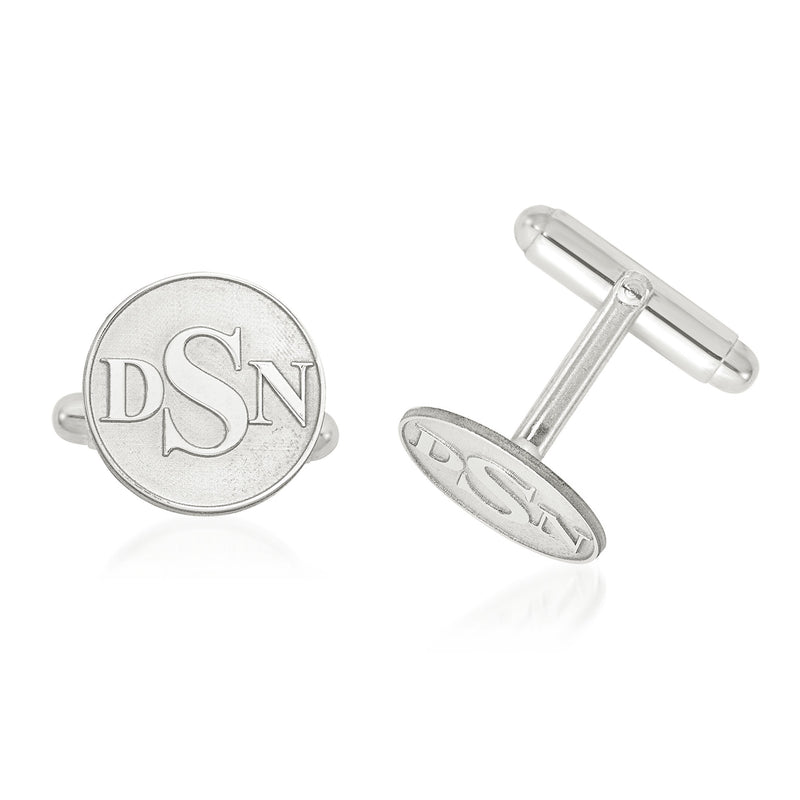 14kt white gold circle monogram cuff links with raised letters DSN