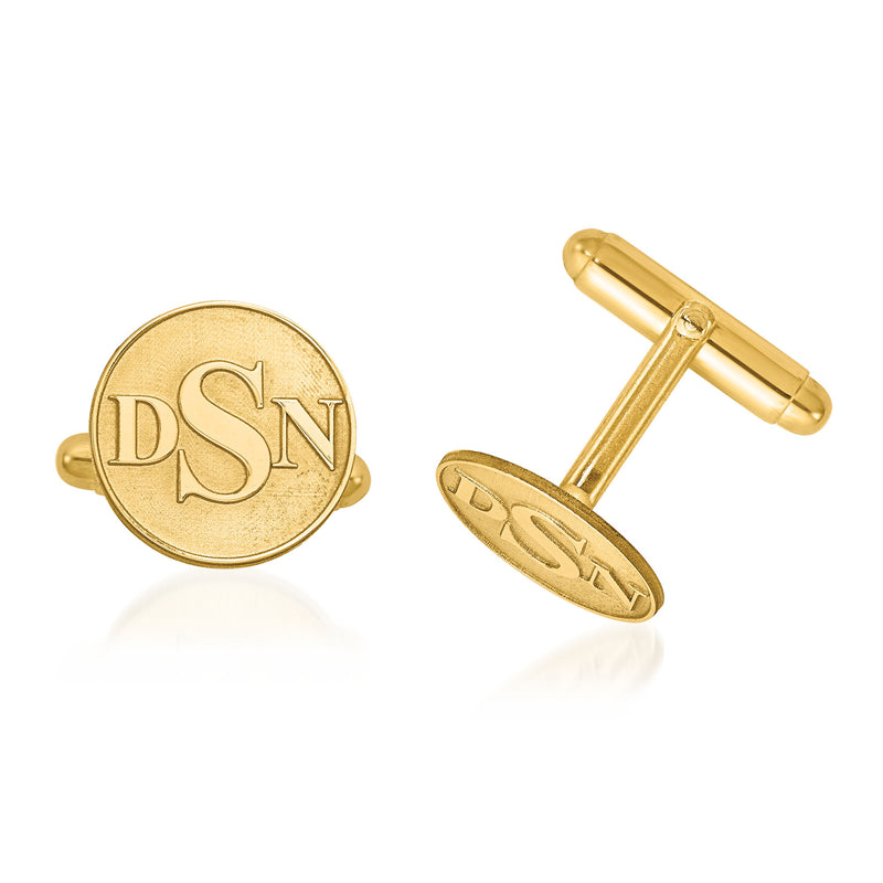 14kt yellow gold round monogram cuff links with raised DSN letters