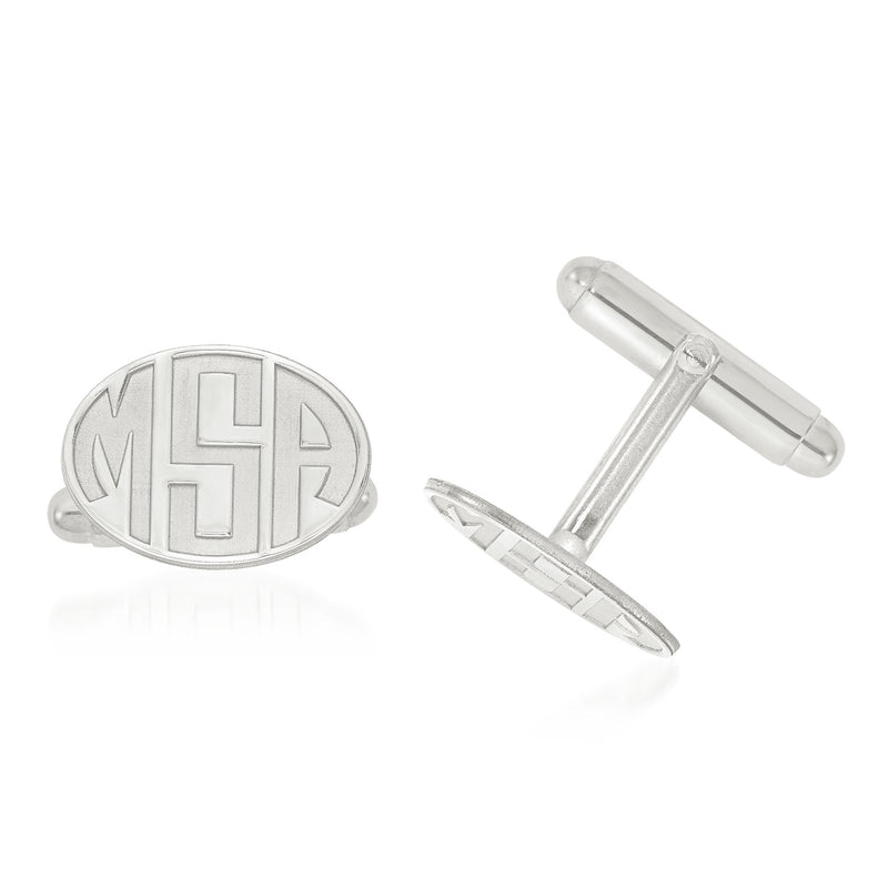 Oval monogram cuff links with recessed laser-cut letters, 14kt white gold