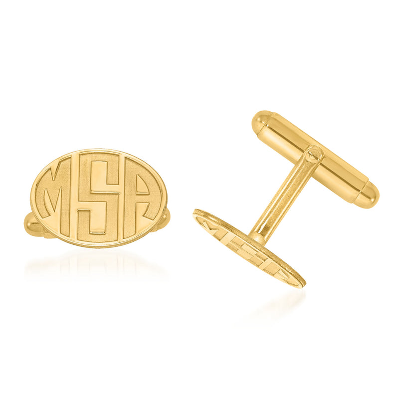 14kt yellow gold oval monogram cuff links with recessed laser-cut letter design
