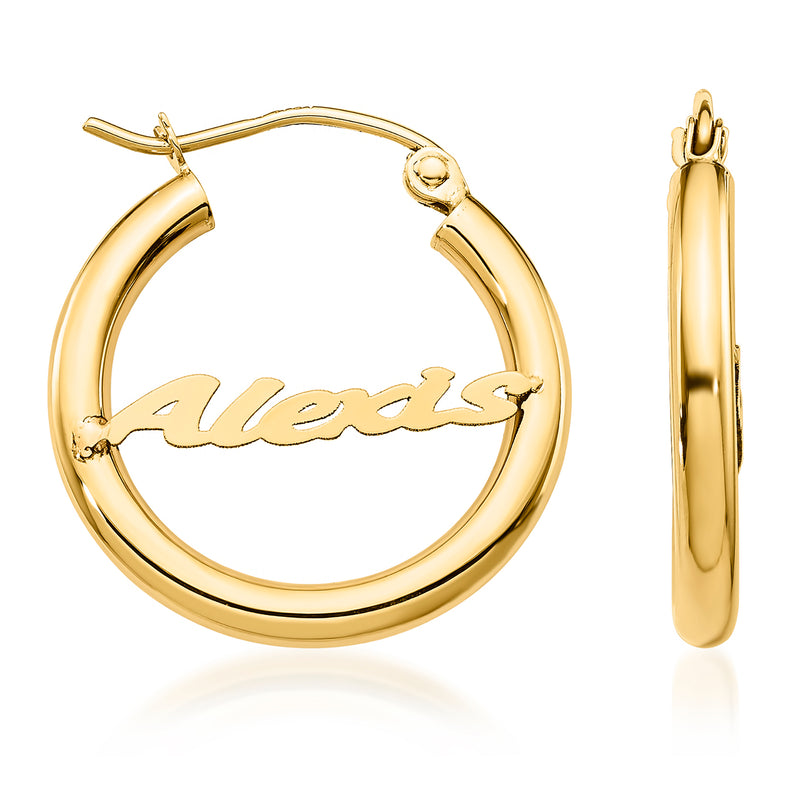 14kt yellow gold hoop earrings with engraved cursive name, post backs