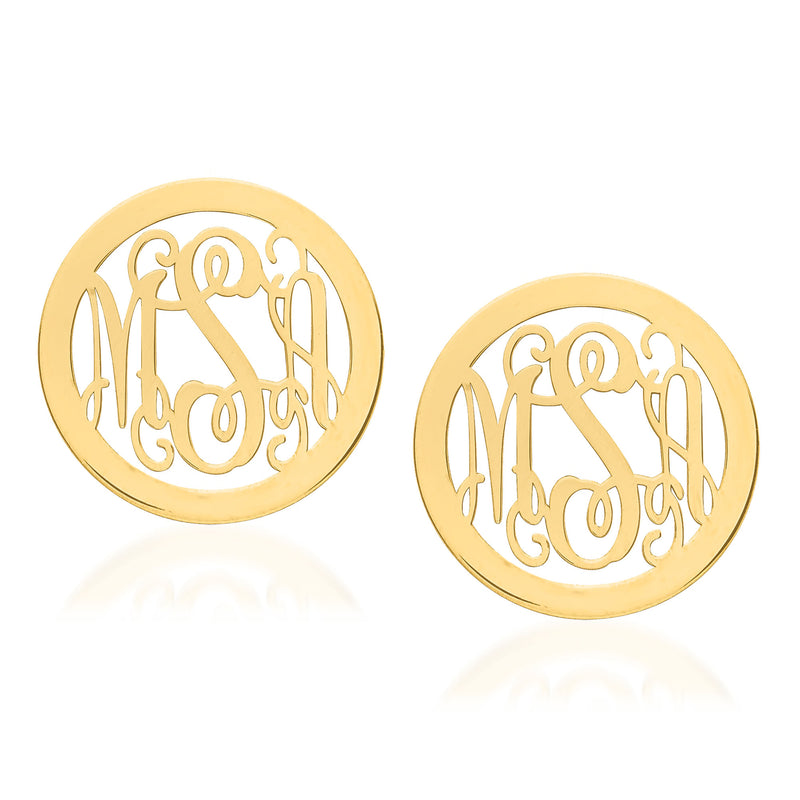 14kt yellow gold monogram circle stud post earrings, laser-polished, medium size