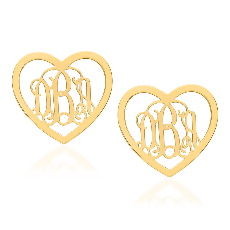 Yellow gold heart monogram post earrings with polished openwork details