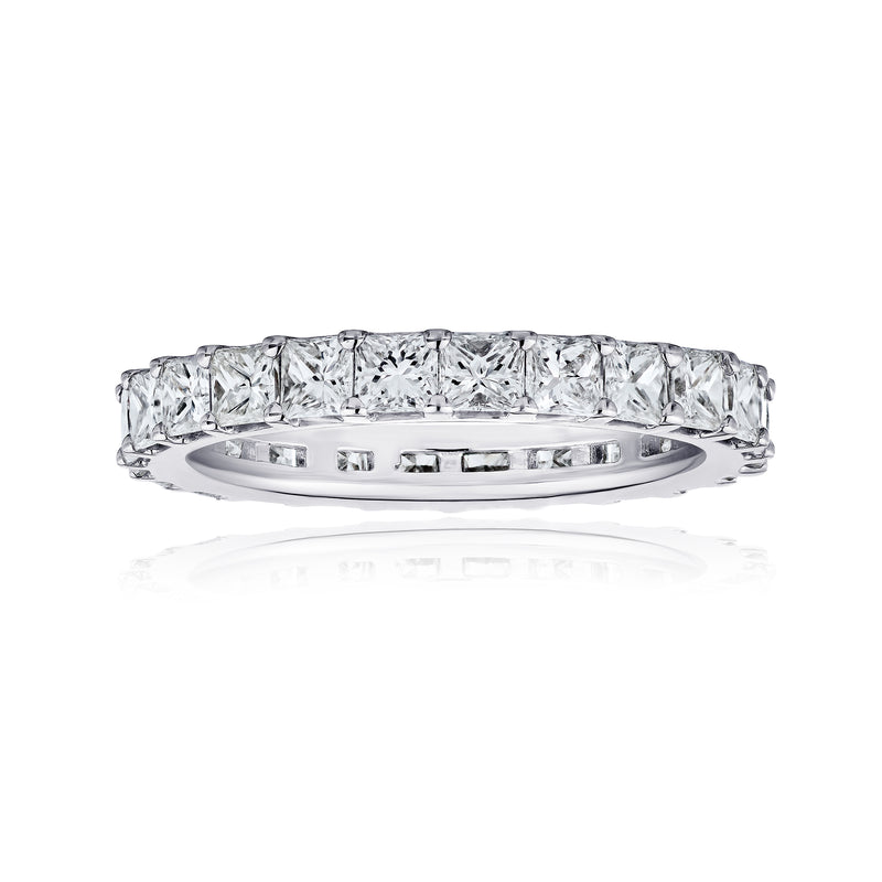 14kt white gold eternity-style wedding band with princess-cut diamonds, flat top view