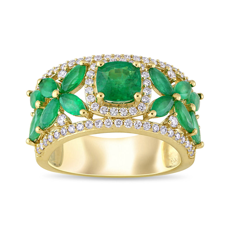 14kt yellow gold flower ring with emerald-green oval center and diamond halo
