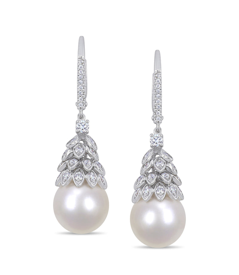 14kt white gold cultured South Sea pearl drop earrings with diamond clusters, leverback