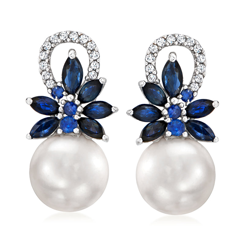 14kt white gold drop earrings with blue sapphire flower, round cultured pearl, diamond accents