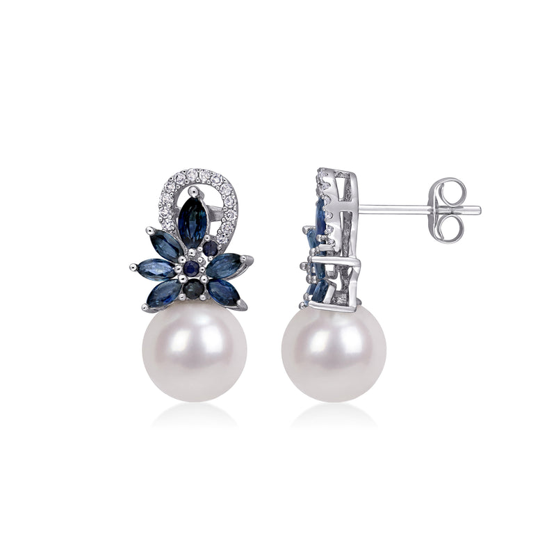 White gold drop earrings with blue sapphire flower, round cultured pearl, post back detail