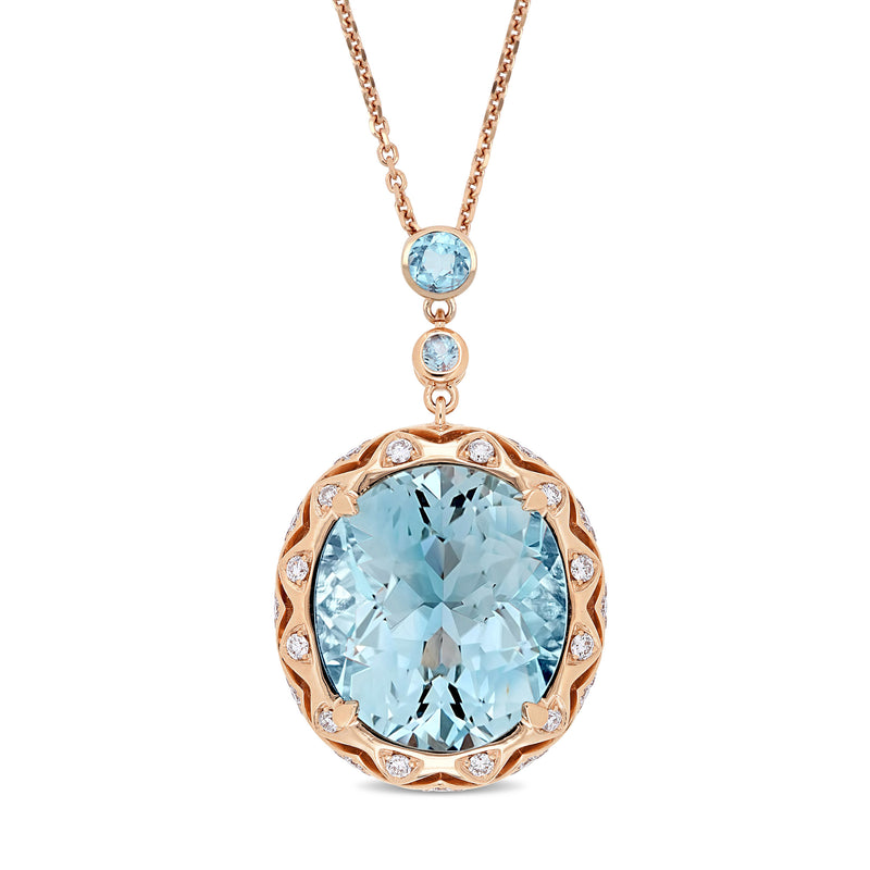 14kt rose gold pendant necklace with large round Swiss blue topaz and diamond halo