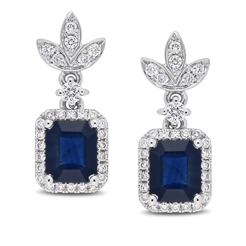 White gold sapphire and diamond drop earrings with blue square center and leaf prong tops