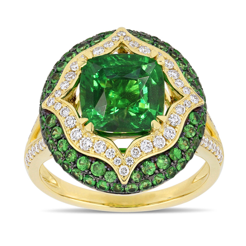 14kt yellow gold cocktail ring with square green tsavorite center and diamond halo
