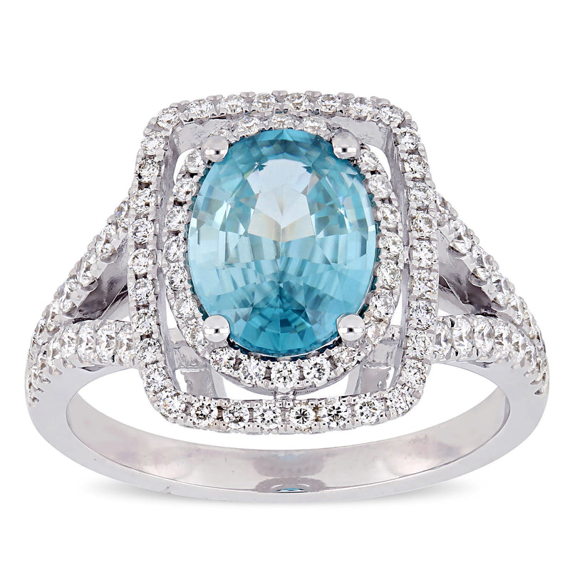 14kt white gold engagement ring with oval blue zircon, double diamond halo