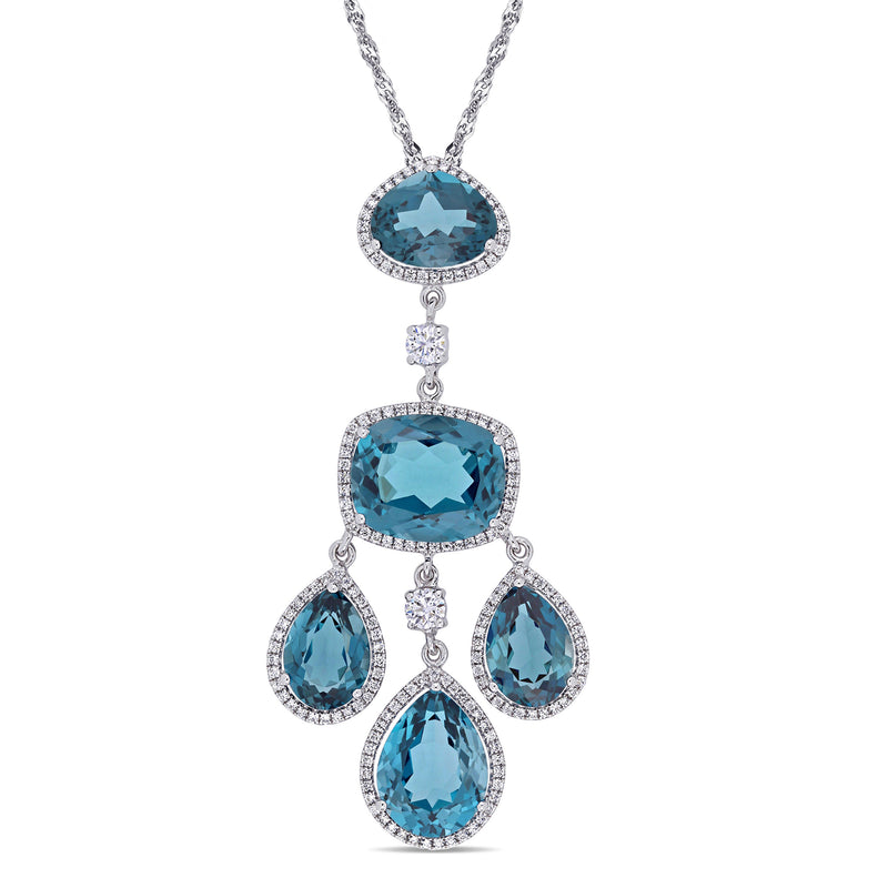 18k white gold pendant necklace with blue topaz drops and diamond halos