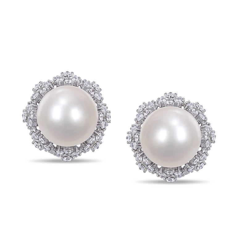 Cultured pearl stud earrings with round white pearl and diamond filigree halo in white gold