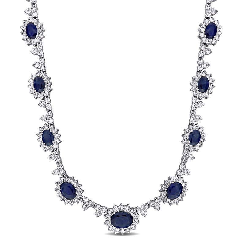 18kt white gold necklace with blue sapphire and round diamond cluster links