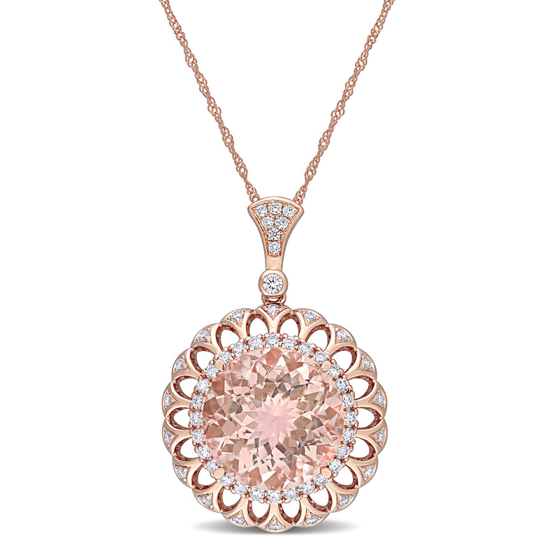 14kt rose gold morganite pendant with diamond halo and openwork bail